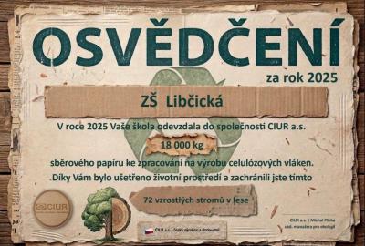 Osvědčení za sběr papíru naší školy v roce 2025